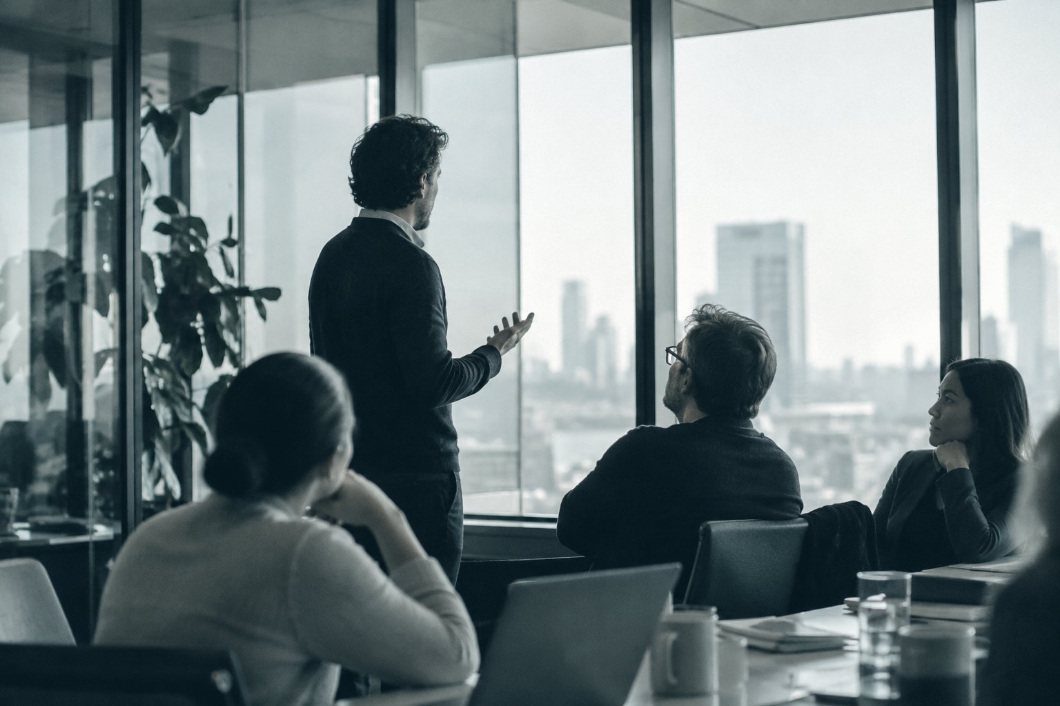 A meeting in a glass-walled conference room